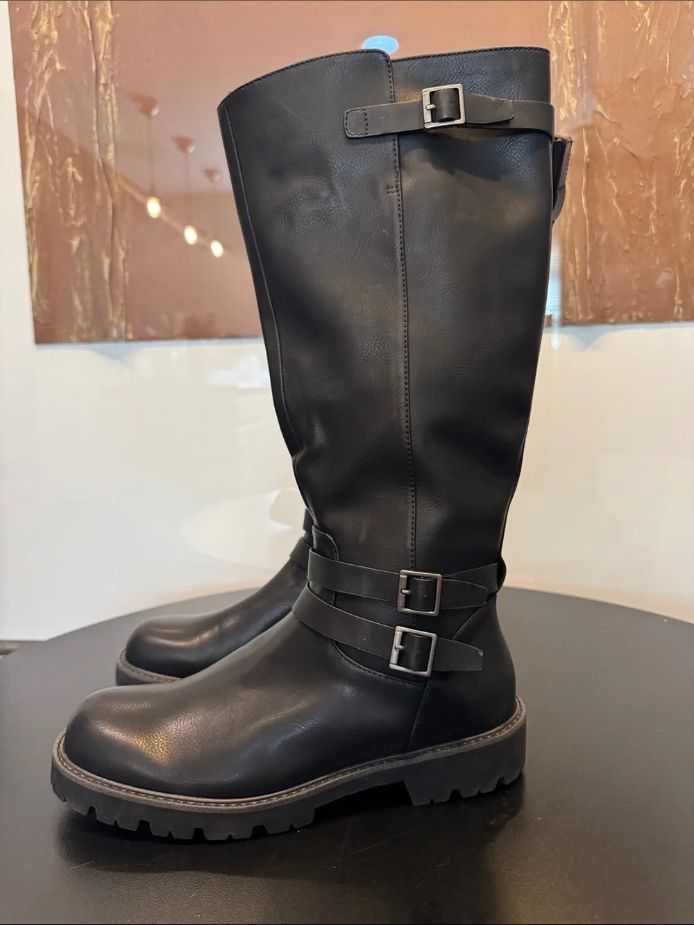 Classic Black Knee-High Buckle Korks Boots